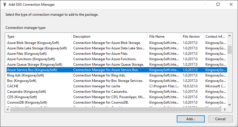 Add SSIS Azure Service Bus Connection Manager